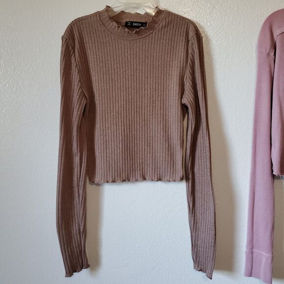 Long Sleeve Crop Top Womens XS/S Wild Fable Shein Pair 2 Pink Brown Waffle Knit - Picture 4 of 15